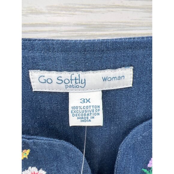 Go Softly Women's Denim Patio Dress 3X Peacock Embroidery Mumu Short Sleeve - Picture 2 of 7